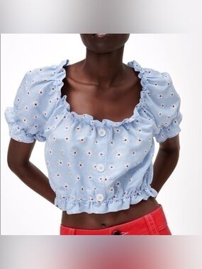 Zara Blue Floral Crop Top Puff Sleeve Scoop Neck Ruffle Summer Cute